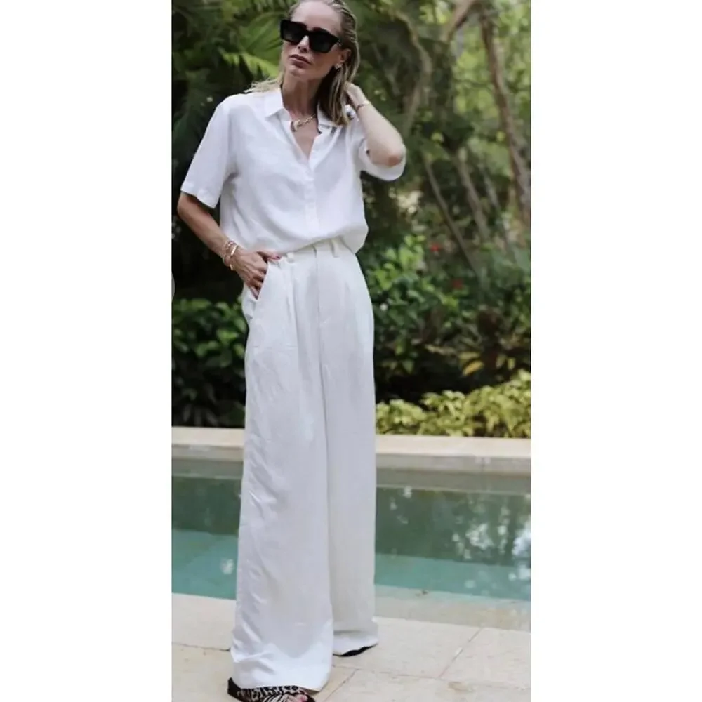 Anine Bing Carla Pants Wide Leg High Rise Trousers Linen Blend White S Luxury